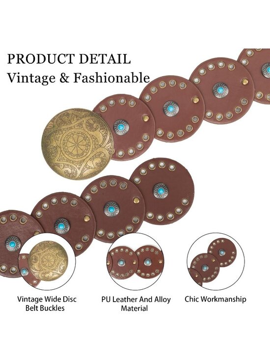 Women Brown & Gold Wide Western Disc Belt Cowgirl Boho-Concho Leather Belt